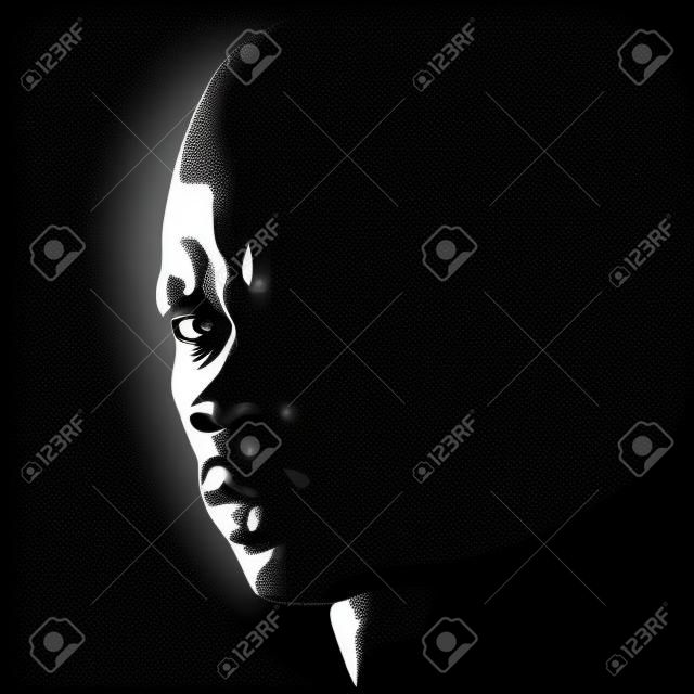 African Brutal Bald Man portrait silhouette in contrast backlight. Vector.