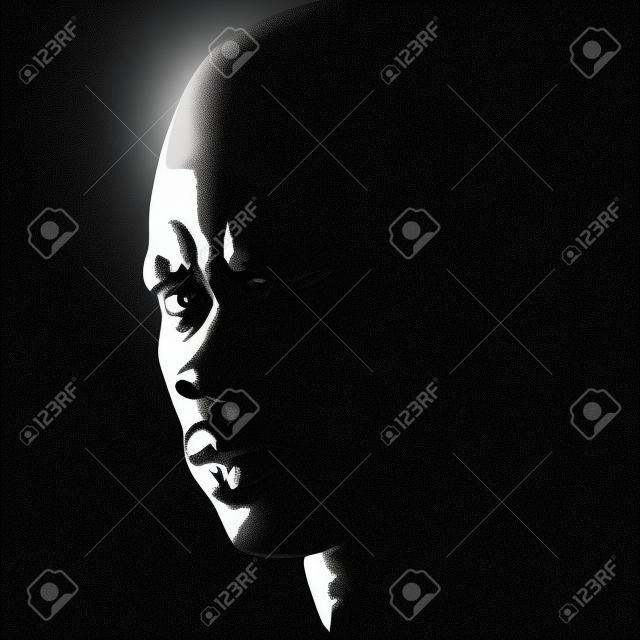 African Brutal Bald Man portrait silhouette in contrast backlight. Vector.