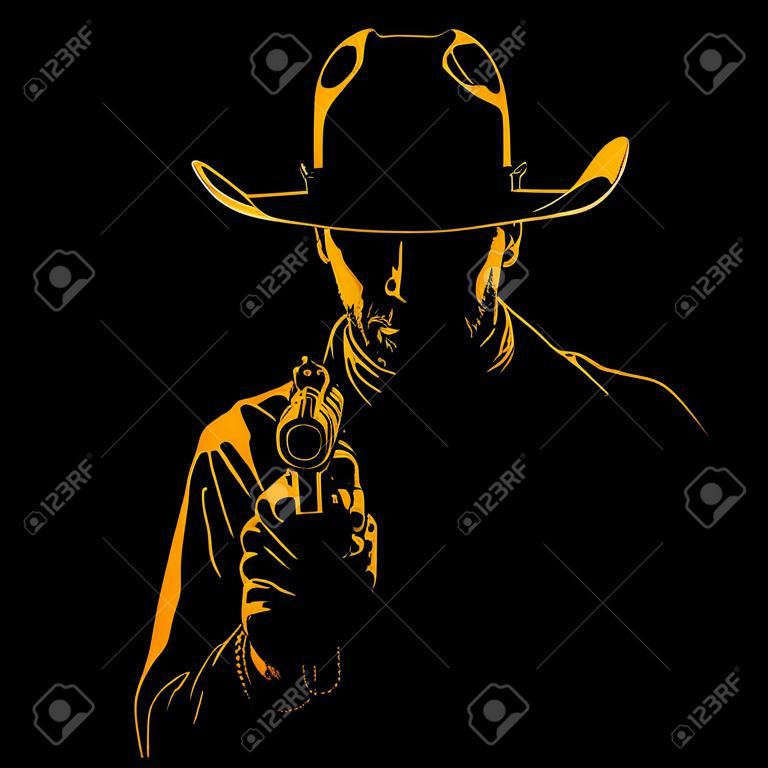 Uomo con cappello da cowboy e revolver. Silhouette ritratto in controluce. Vettore. Illustrazione.