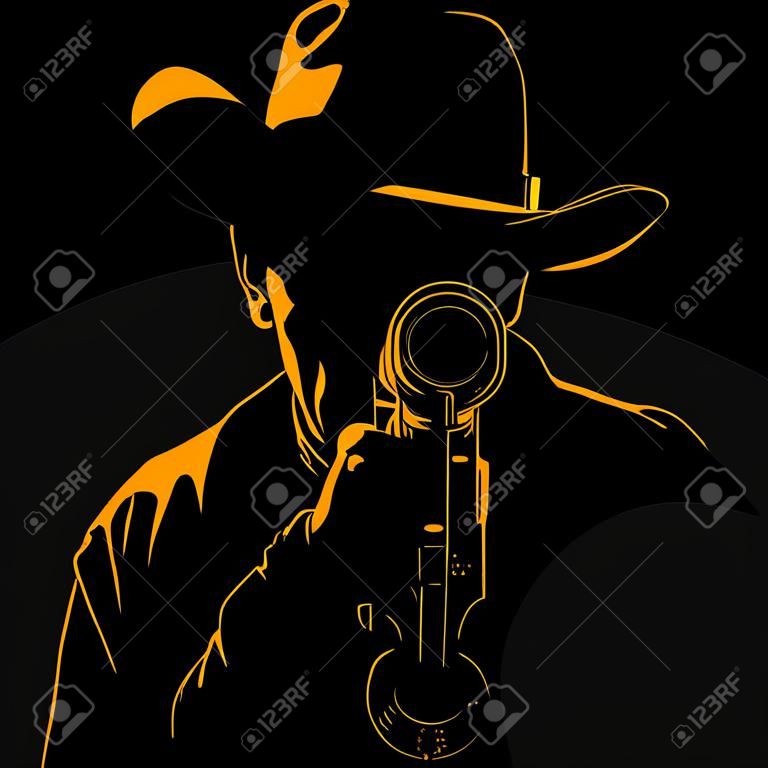 Mężczyzna w kowbojskim kapeluszu i rewolwerem. Sylwetka portretowa w kontrastowym podświetleniu. Wektor. Ilustracja.