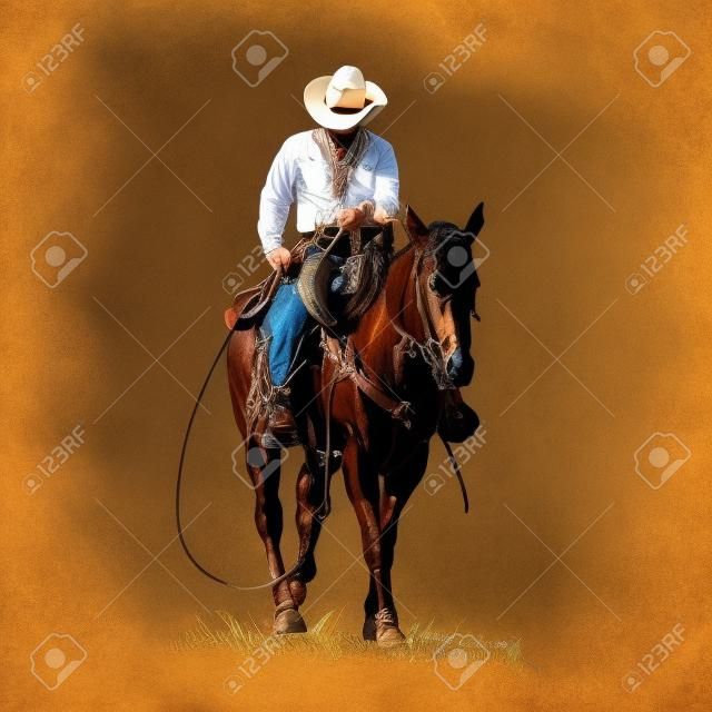 Cowboy americano montando a cavalo e jogando lasso.