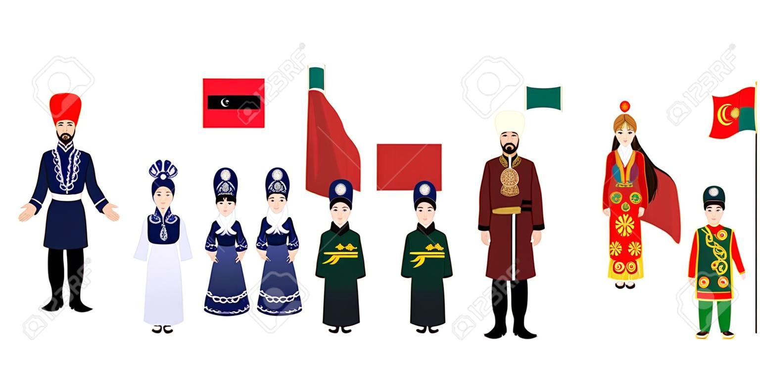 Set of 10 Central Asia men and women cartoon characters in traditional costume with flag, Kazakhstan, Kyrgyzstan,Tajikistan, Turkmenistan and Uzbekistan people vector