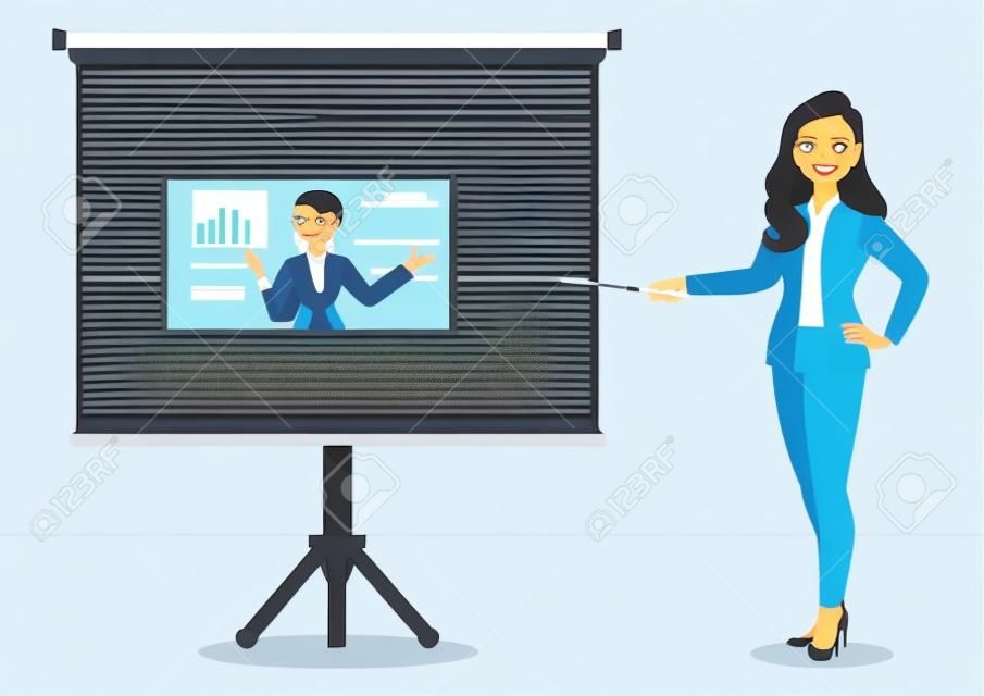 Cartoon character with businesswoman at a presentation. Flat icon vector