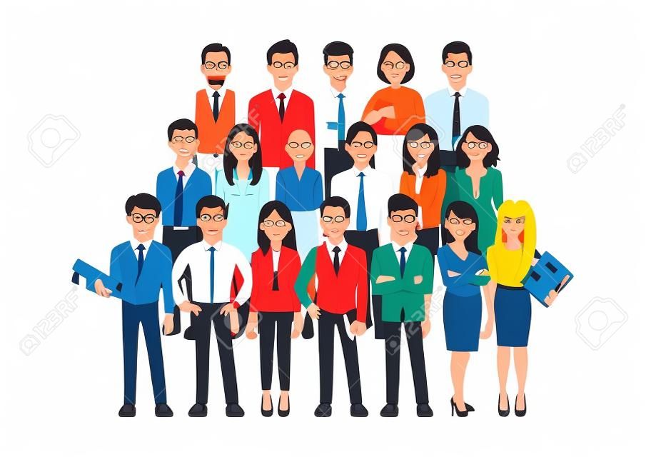 Personaggio dei cartoni animati con moderno team di affari. Illustrazione vettoriale di diversi uomini d'affari e membri dell'azienda, in piedi uno dietro l'altro. Isolato su bianco.