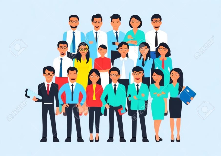 Cartoon character with modern business team. Vector illustration of diverse business people and company members, standing behind each other. Isolated on white.