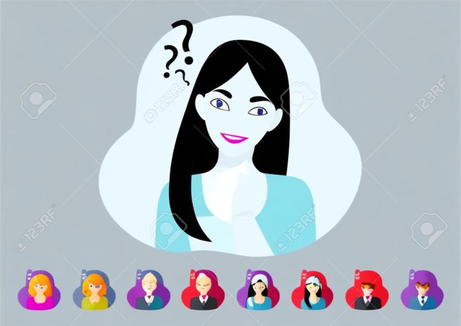 Cartoon character with thinking lady or female have problems. Women face set flat icon style vector