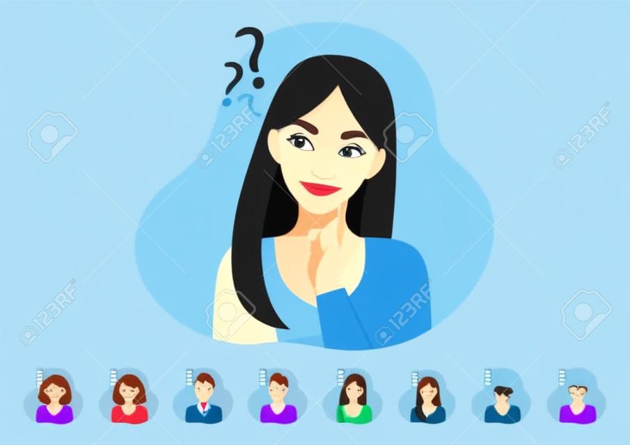 Cartoon character with thinking lady or female have problems. Women face set flat icon style vector