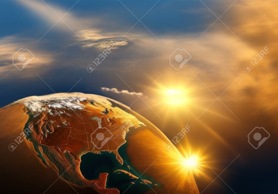 地球上空升起的太阳和它的地貌视图，这幅图像提供了由这一元素构成的美利坚合众国元素
