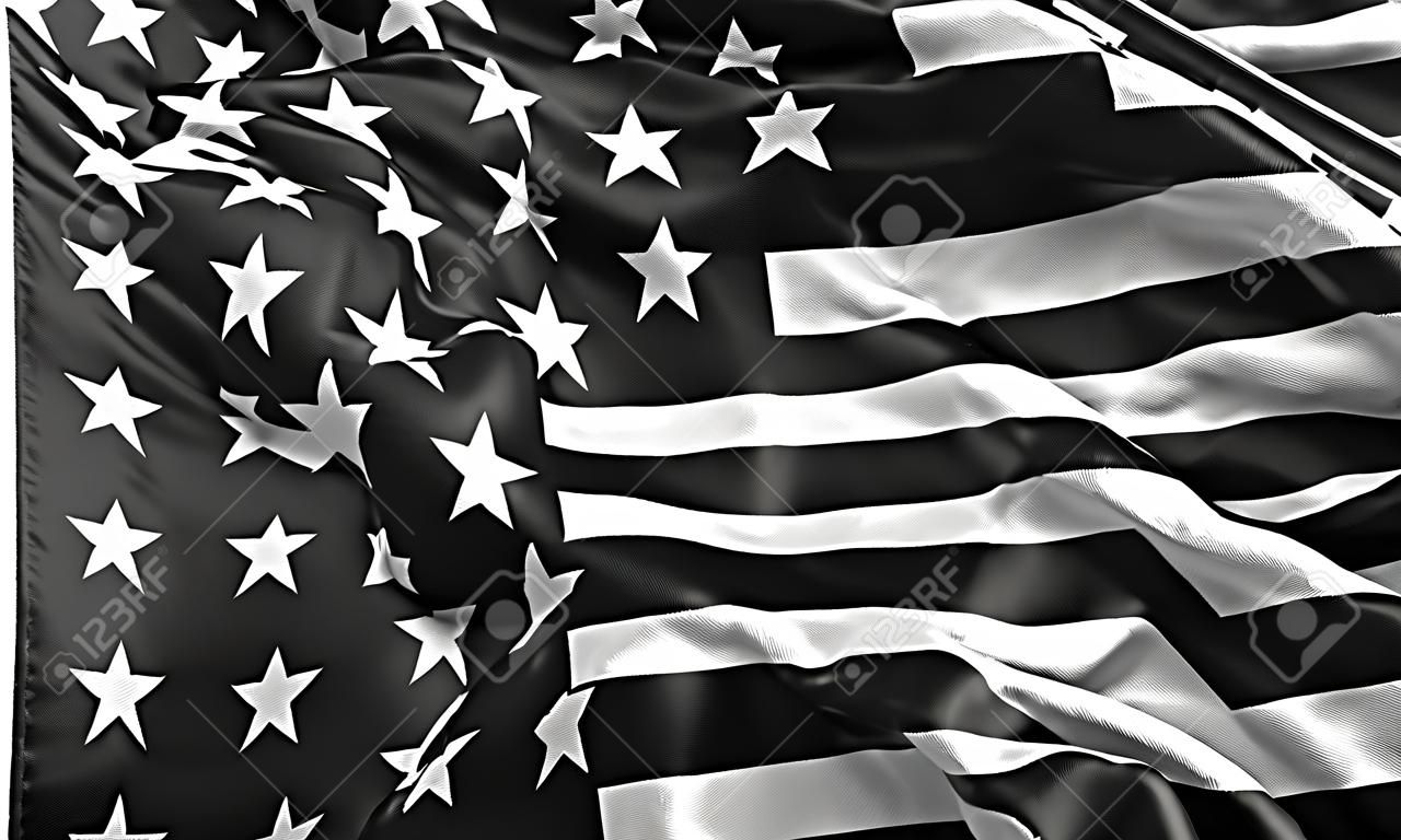 Black lives matter flag blowing in the wind. Full page striped black and white USA flying flag. 3d illustration.