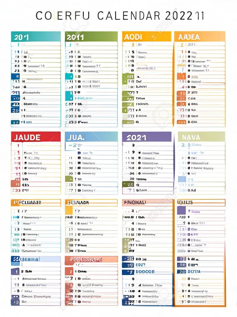 Rok 2021 kolorowy kalendarz, w języku francuskim, na białym tle. szablon wektora