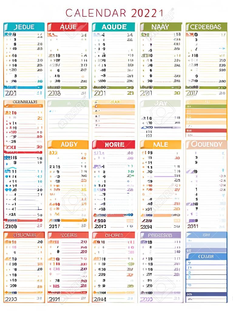 Calendario colorato anno 2021, in lingua francese, su sfondo bianco. Modello vettoriale