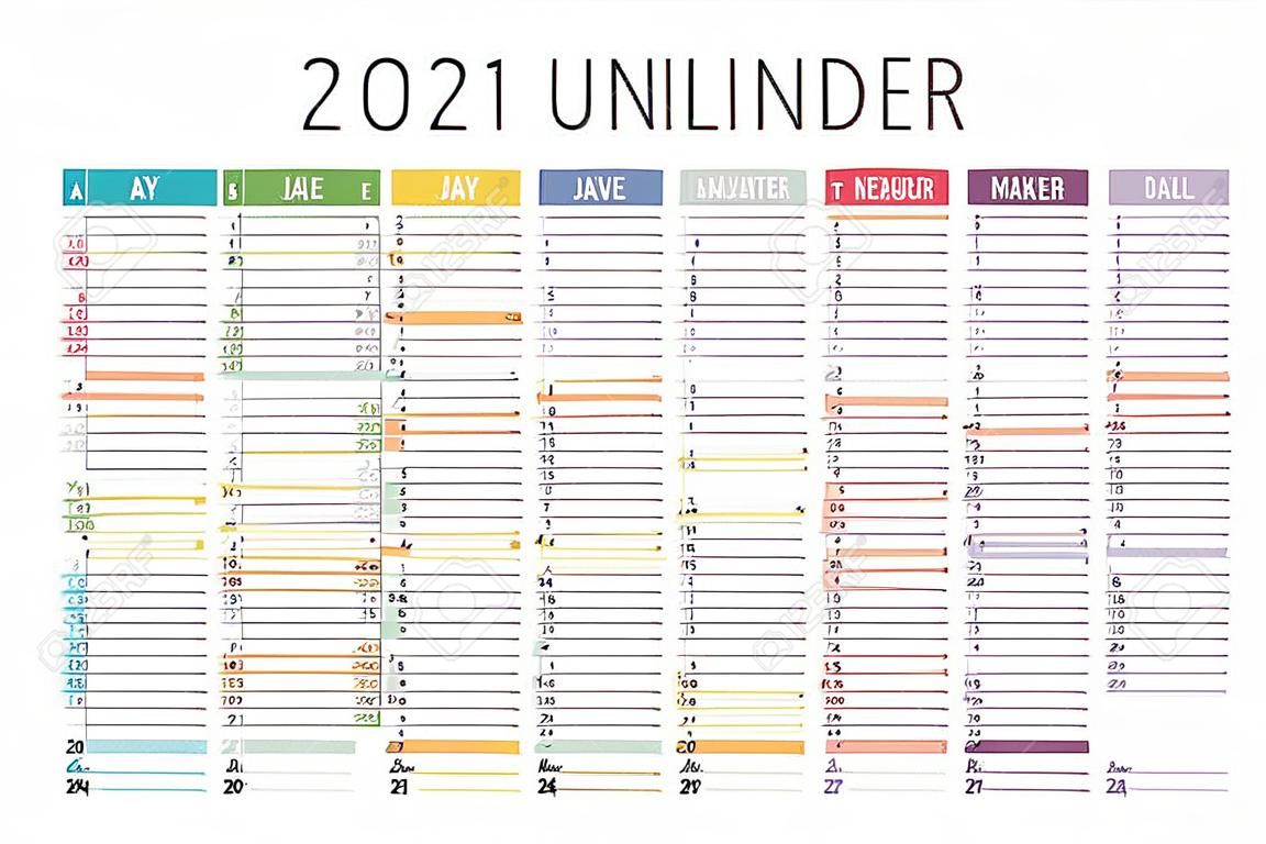Calendrier non aligné coloré de l'année 2021, en langue française, sur fond blanc. Modèle de vecteur.