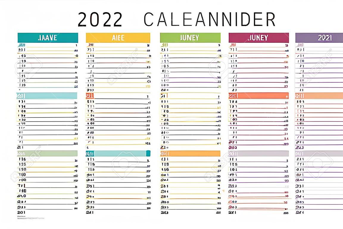 Calendario colorido no alineado del año 2021, en francés, sobre fondo blanco. Plantilla vectorial.