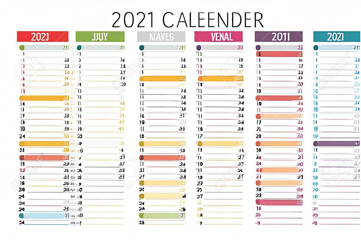 Rok 2021 kolorowy niewyrównany kalendarz, w języku francuskim, na białym tle. szablon wektora.