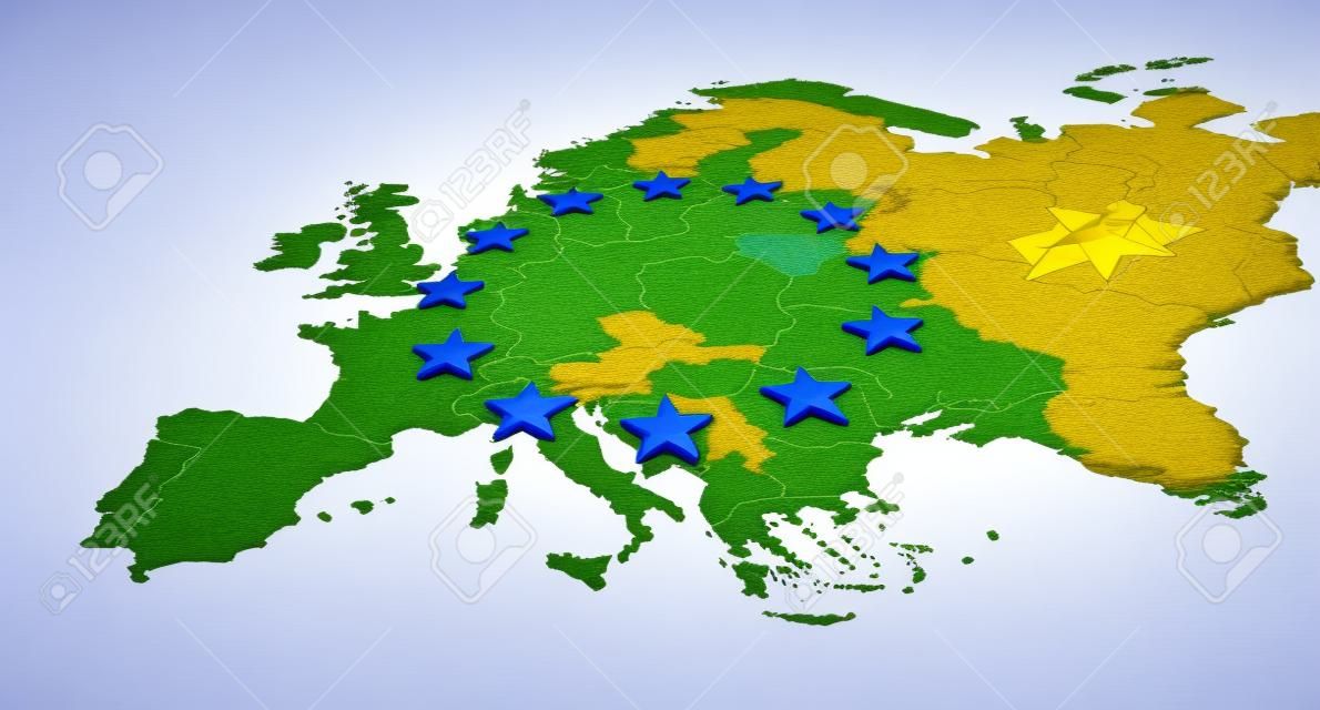 Europe blue banner and yellow stars with European Union map inside - 3D illustration