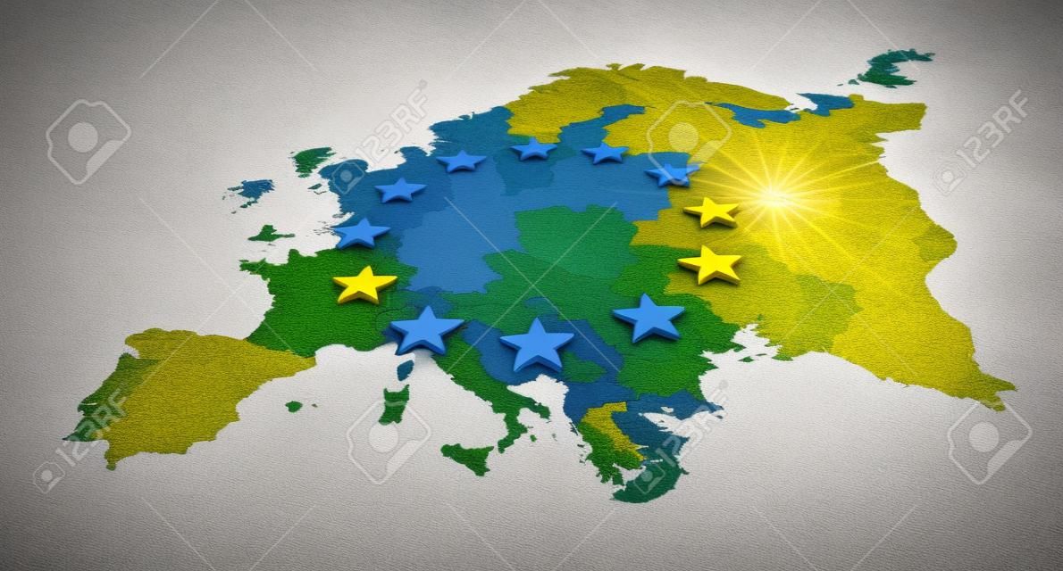 Europe blue banner and yellow stars with European Union map inside - 3D illustration