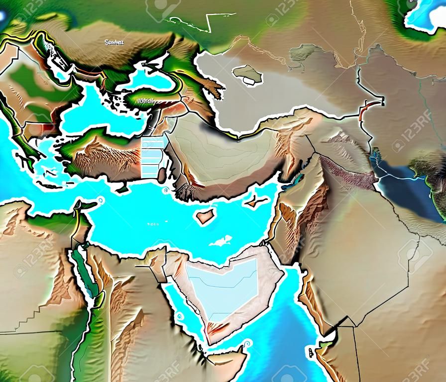 Physical map of Middle East, with high resolution details. Flattened satellite view of Planet Earth, its geography and topography. 3D illustration