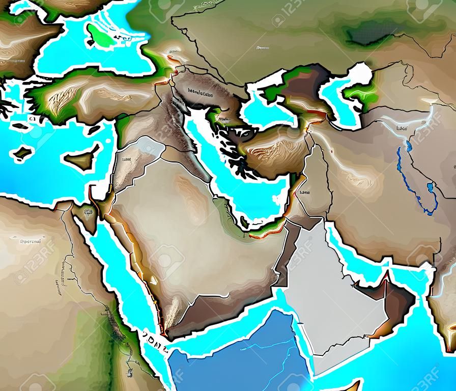 Mappa fisica del Medio Oriente, con dettagli ad alta risoluzione. Vista satellitare appiattita del pianeta Terra, la sua geografia e topografia. illustrazione 3D