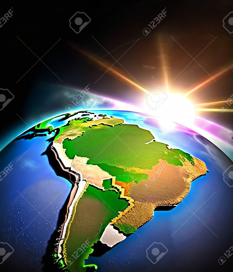 Warm sun shining over Planet Earth, focused on South America. Global warming on Amazon rainforest and Brazil. 3D illustration