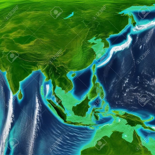 Fizyczna mapa Azji Południowo-Wschodniej ze szczegółami w wysokiej rozdzielczości. spłaszczony widok satelitarny planety Ziemia, jej geografii i topografii. ilustracja 3D