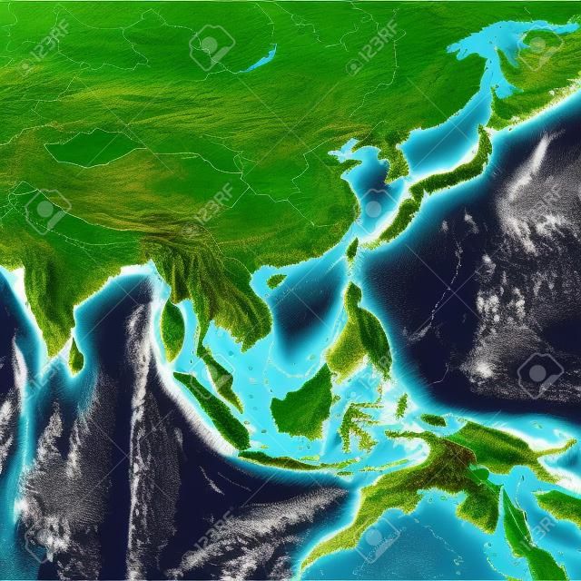 Physical map of South East Asia, with high resolution details. Flattened satellite view of Planet Earth, its geography and topography. 3D illustration