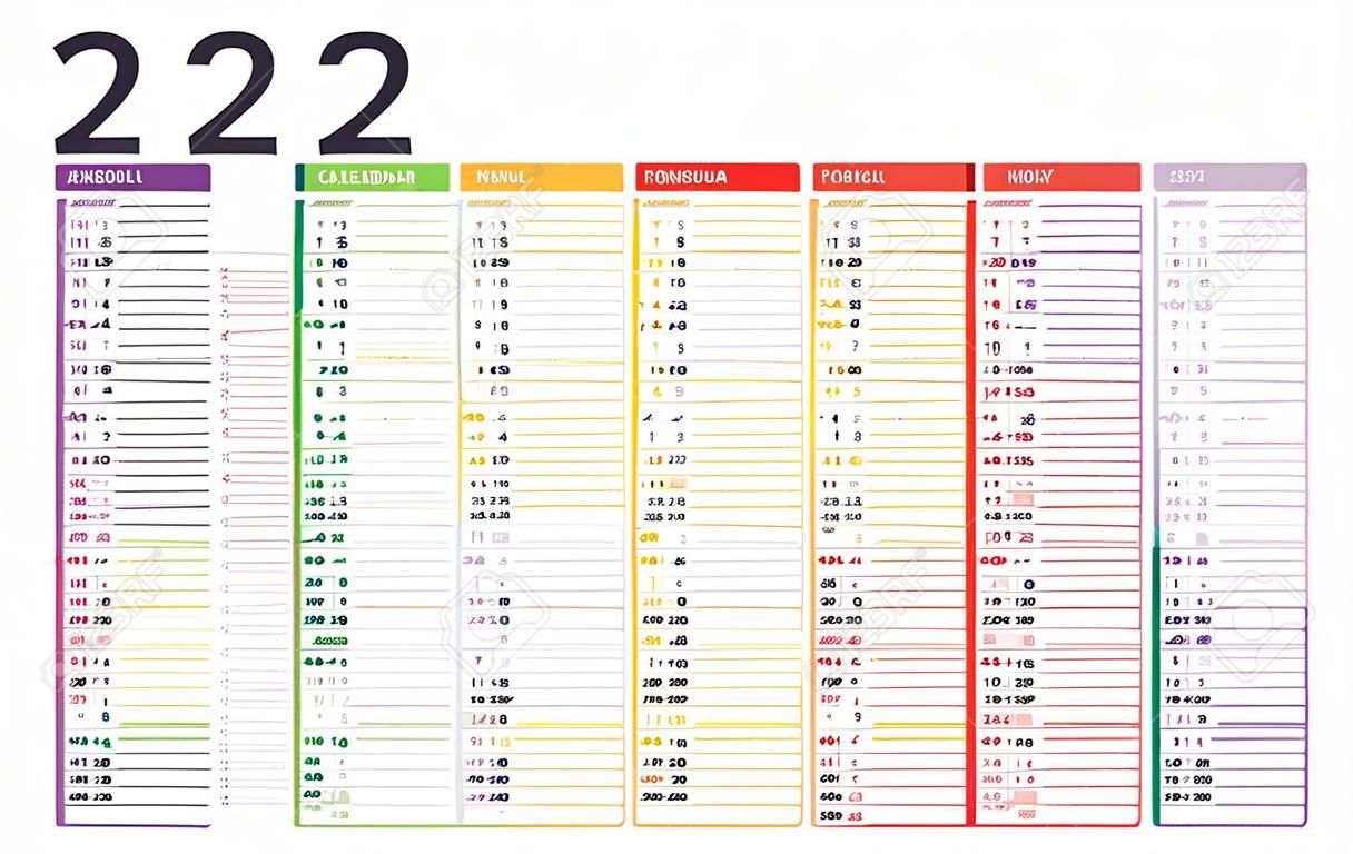 Jaar 2022 kleurrijke wandkalender, in het Frans, op witte achtergrond. Vector template