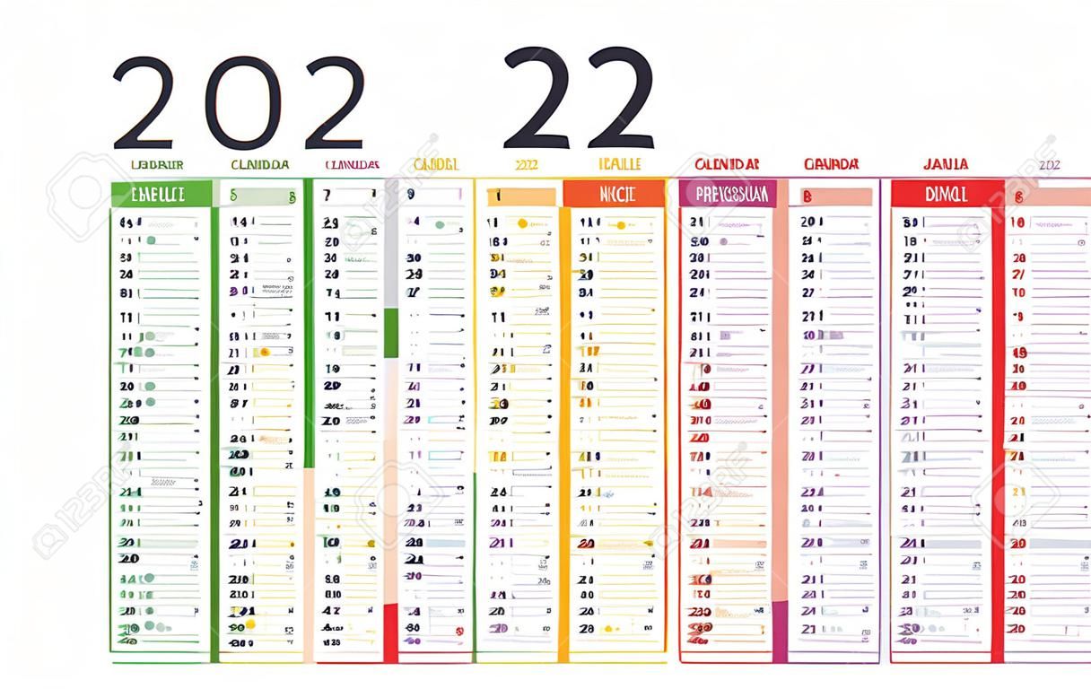 Jahr 2022 bunter Wandkalender, in französischer Sprache, auf weißem Hintergrund. Vektorvorlage