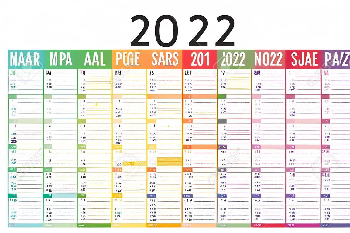 Year 2022 one page colorful calendar, in French language, on white background. Vector template.