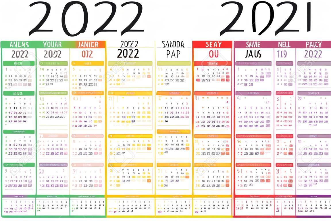Year 2022 one page colorful calendar, in French language, on white background. Vector template.