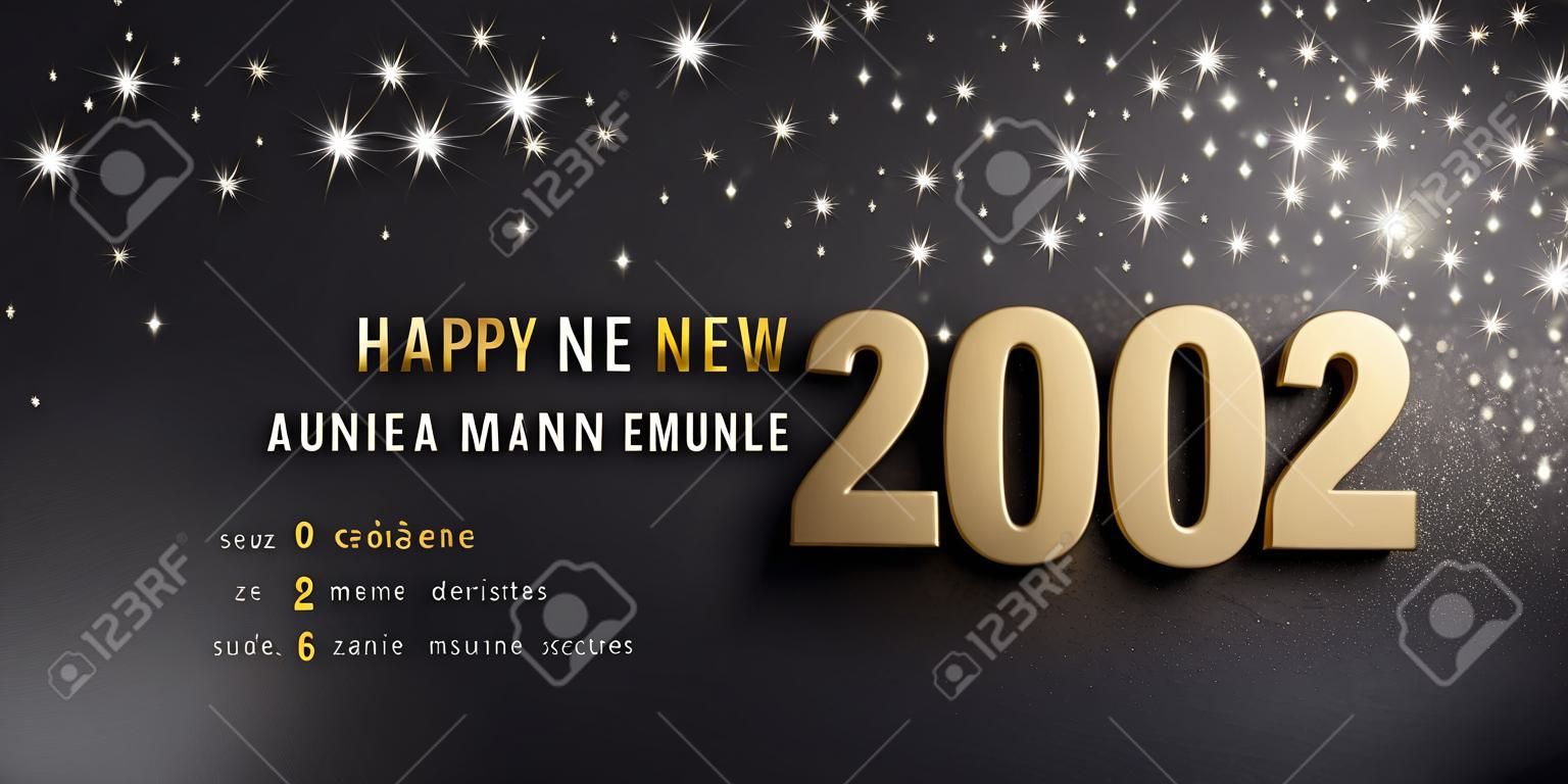 Felices saludos de Año Nuevo en francés y número de fecha 2022 coloreado en oro, en una tarjeta negra brillante