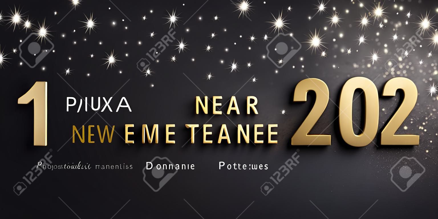 Happy New Year greetings in French language and 2022 date number colored in gold, on a glittering black card