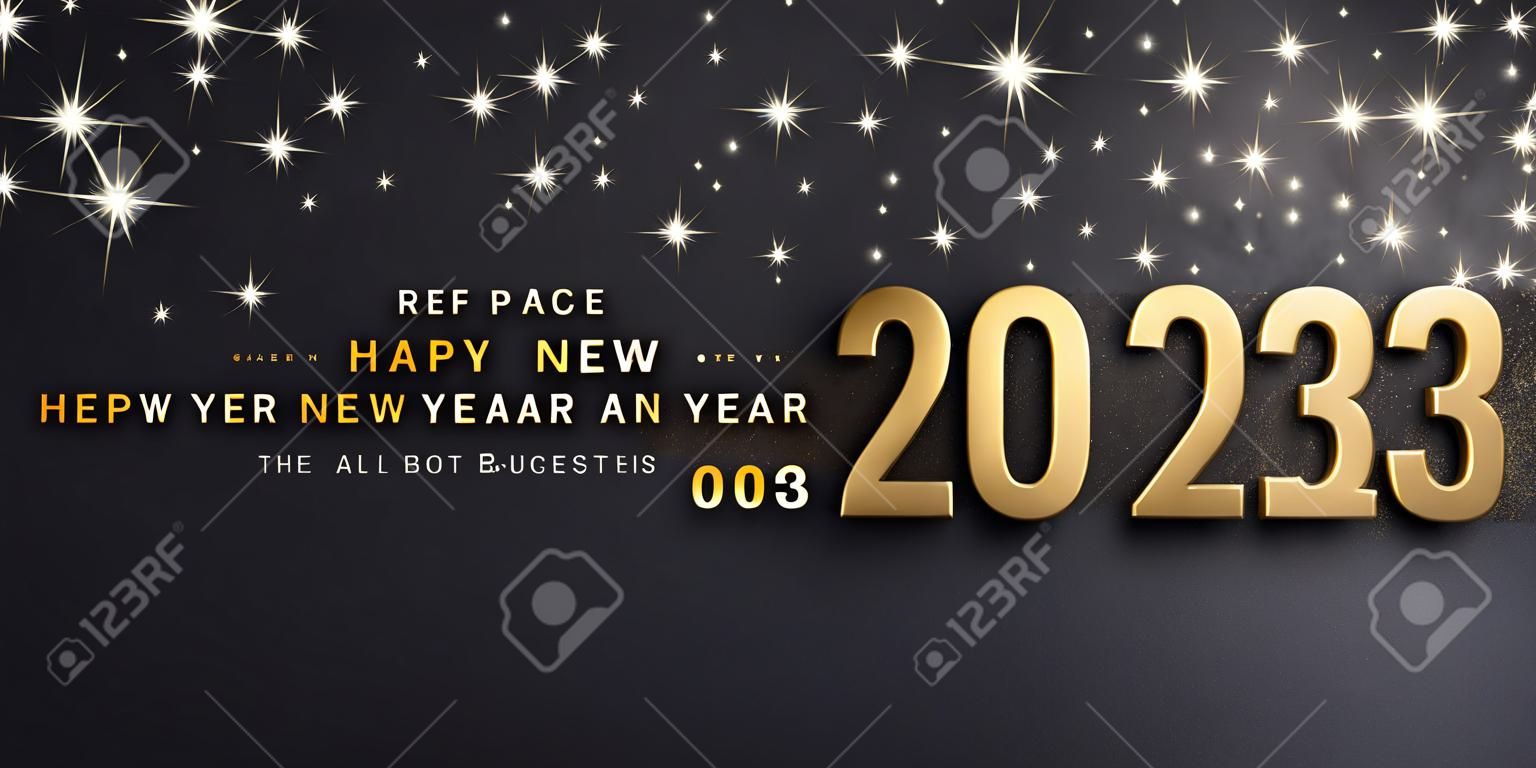 Saludos de feliz año nuevo y número de fecha 2023 coloreados en oro, en una tarjeta negra brillante
