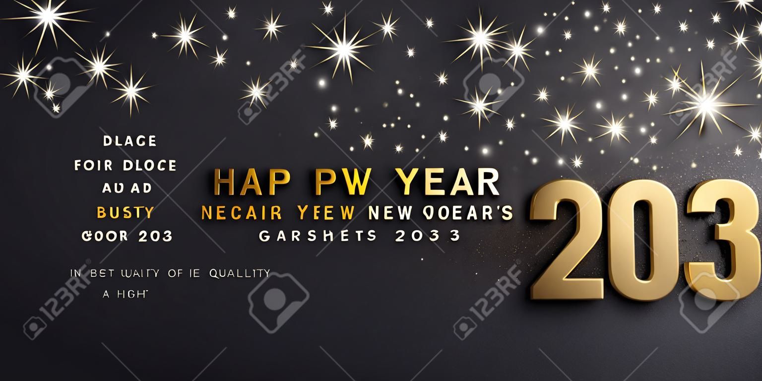 Frohes neues Jahr Grüße und 2023 Datumsnummer in Gold gefärbt, auf einer glitzernden schwarzen Karte