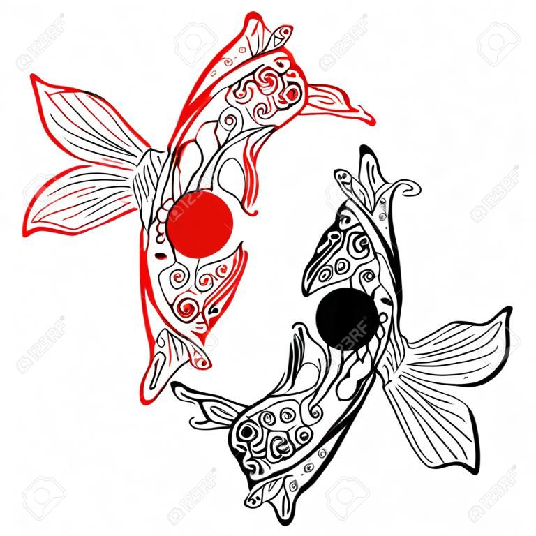Mano estilizada zentangle dibuja peces koi. Línea de dibujo japonés de la carpa para la ilustración vectorial Libro para colorear