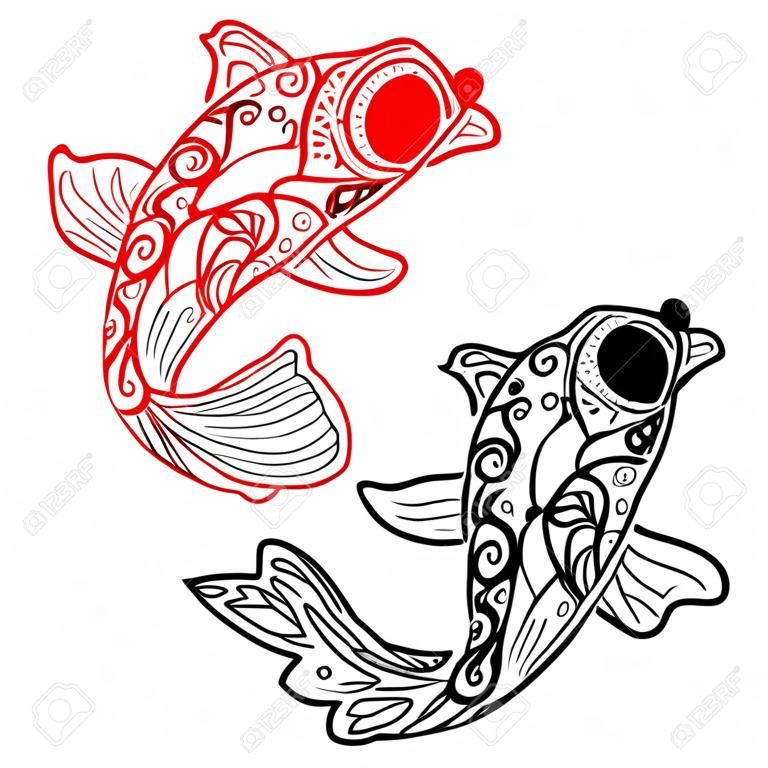 Mano estilizada zentangle dibuja peces koi. Línea de dibujo japonés de la carpa para la ilustración vectorial Libro para colorear