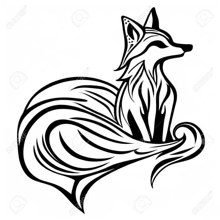 様式化された fox。森の動物。かわいいキツネ。ライン アート。黒と白が手で描くこと。グラフィック アート。タトゥー。