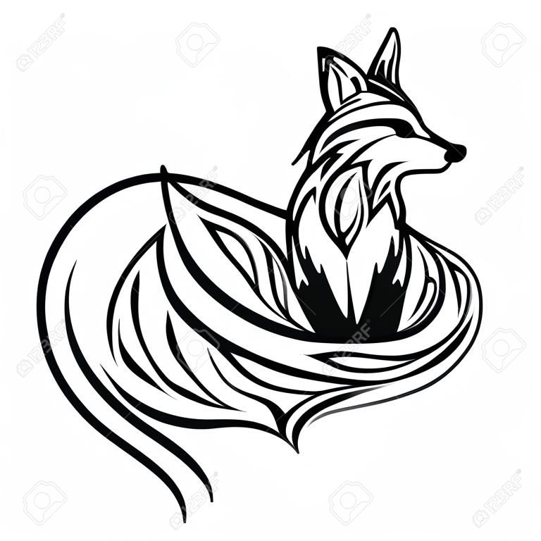 様式化された fox。森の動物。かわいいキツネ。ライン アート。黒と白が手で描くこと。グラフィック アート。タトゥー。