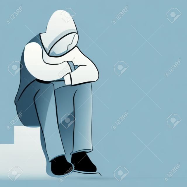 Contínuo uma única linha de desenho triste homem sentado sozinho solitude ícone vector ilustração conceito