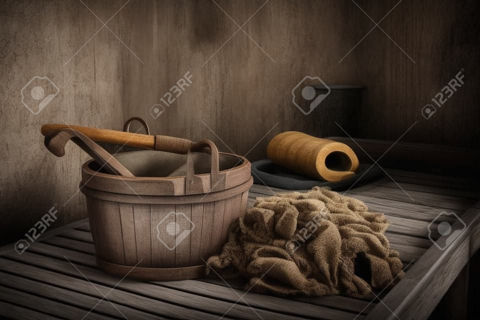 wooden bucket and couch in the Russian bath. darkened interior
