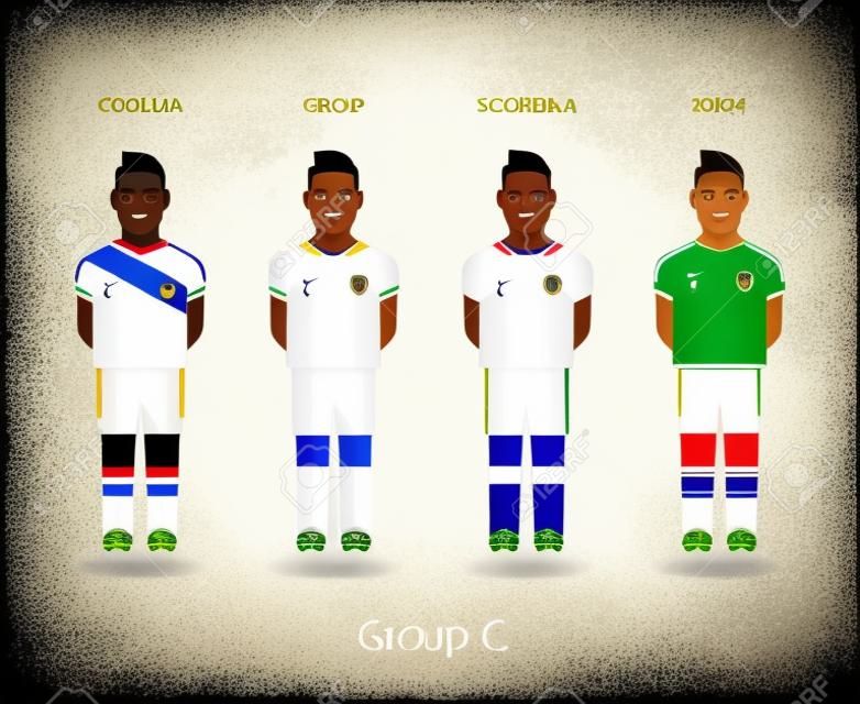 足球/橄欖球隊的隊員。 2014年世界杯C組 - 哥倫比亞，希臘，科特迪瓦，日本。向量插圖。