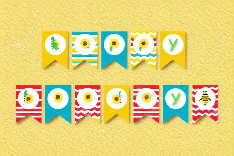 Happy Bee Day flags. Honey Bee party decoration graphic elements. Sweet honey kids birthday party decor. Sweet Baby garland for girls and boys. Bunting flags. Cut Vector illustration.