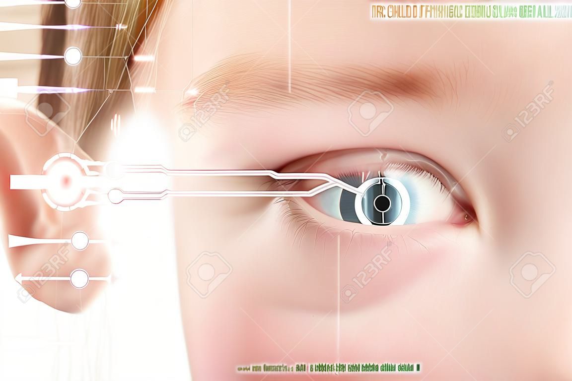 Iris scan, biometric scanning of eye retina for identification. Close-up of child pupil with high-tech graphic overlay 