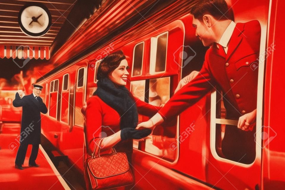 빈티지 커플, 제복을 입은 남자, 빨간 드레스를 입은 여자, 기차가 출발할 때 기차역에서 손을 잡고 작별 인사