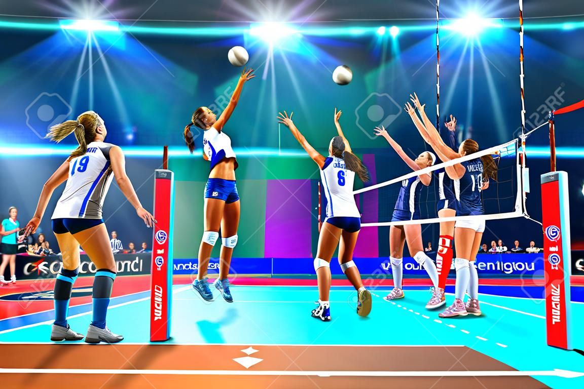 Female professional volleyball players in action on grand court