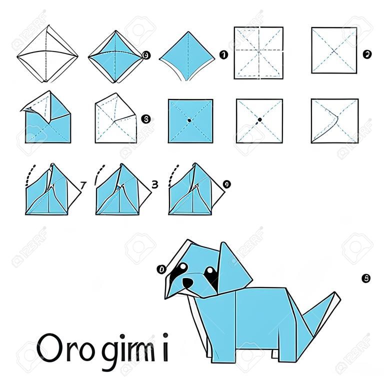 一步一步說明如何使摺紙狗。