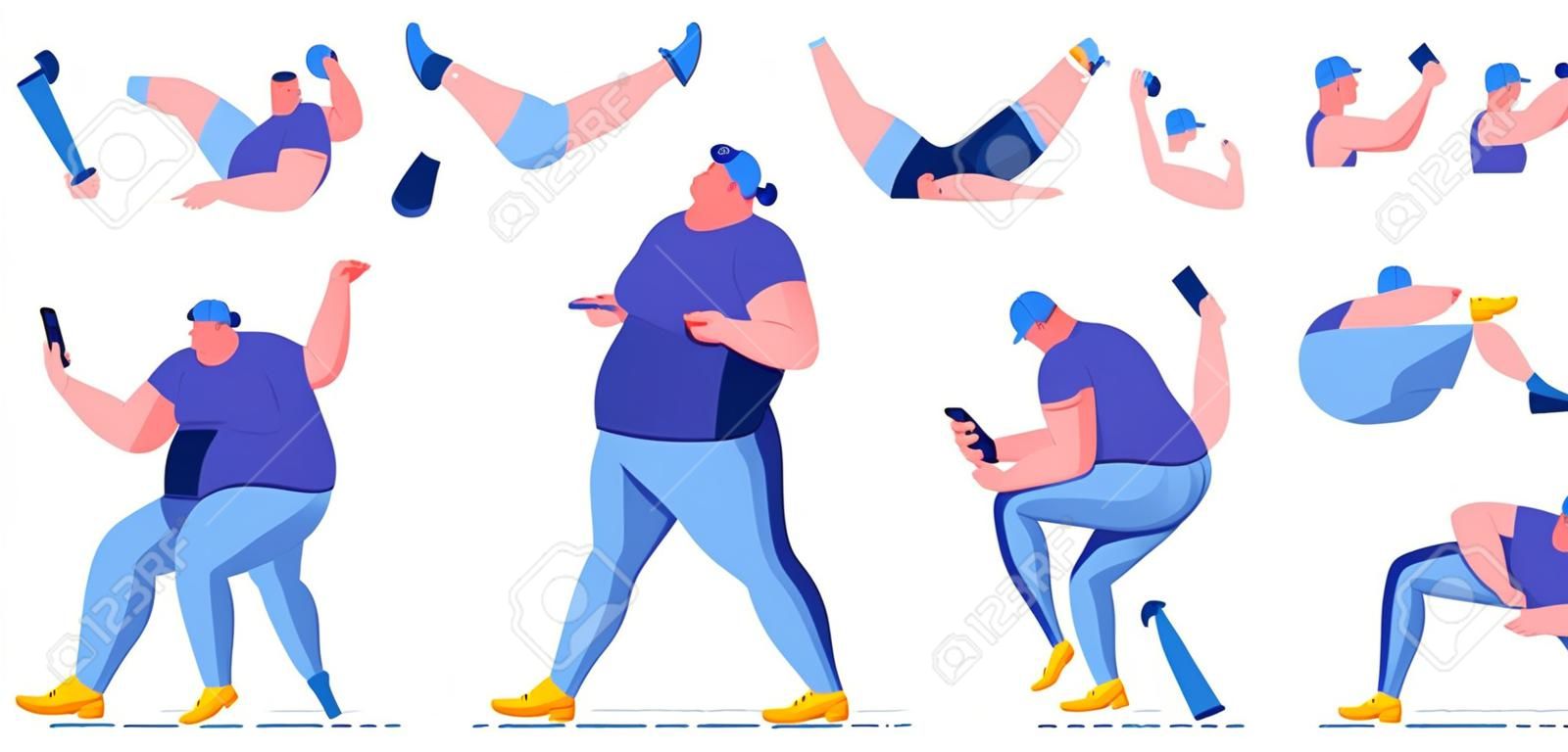 Overweight Man Creation Kit Flat Cartoon Vector Illustration. Body Parts for Animation such as Head, Arms and Legs. Different Positions and Gestures. Hands Holding Box, Wrench, Mobile Phone.