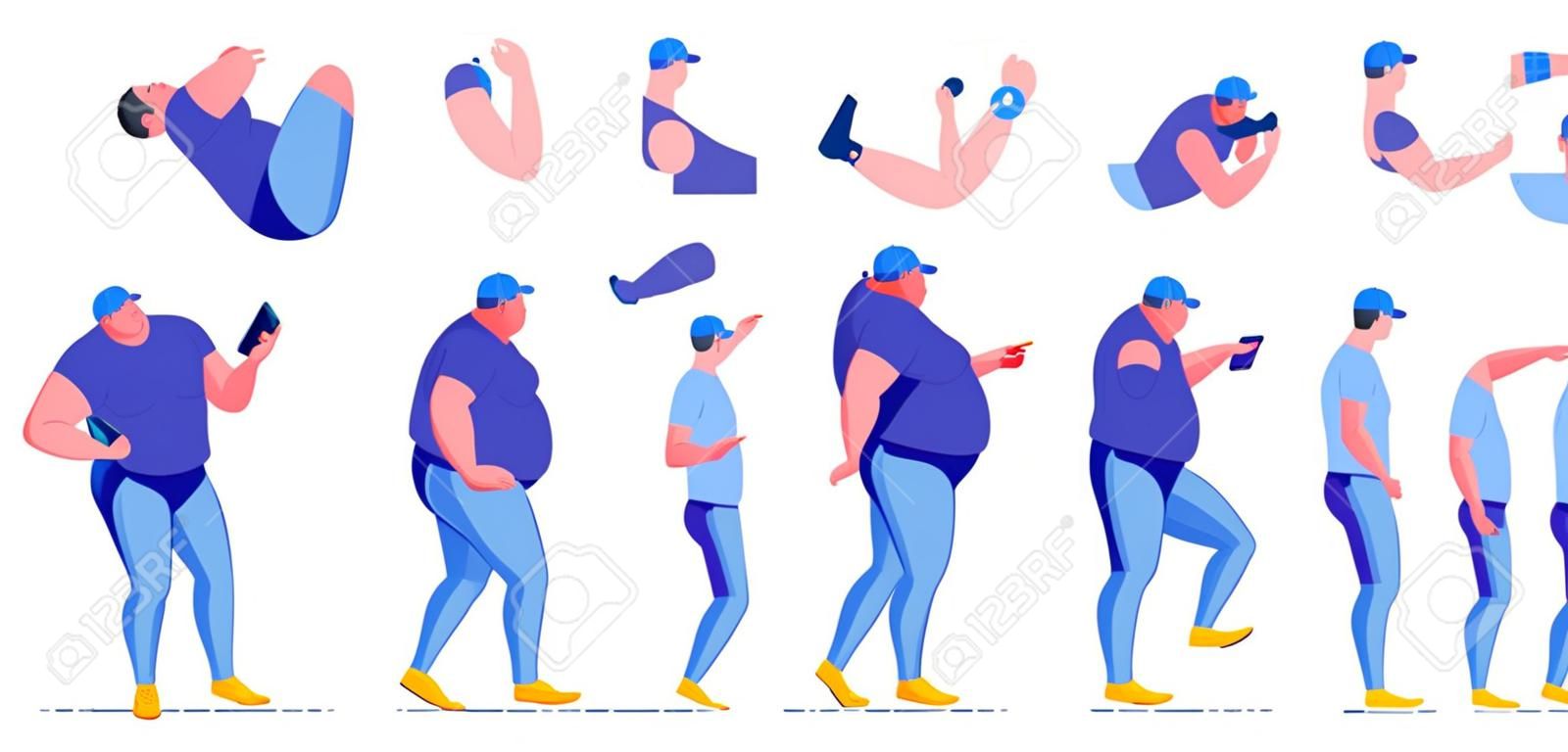 Overweight Man Creation Kit Flat Cartoon Vector Illustration. Body Parts for Animation such as Head, Arms and Legs. Different Positions and Gestures. Hands Holding Box, Wrench, Mobile Phone.