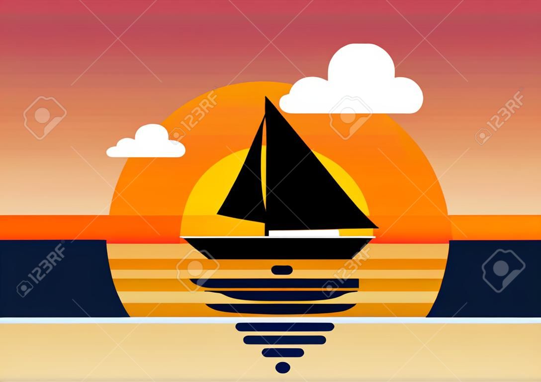 Sunset at the sea with clouds and boat vector illustration for web and mobile