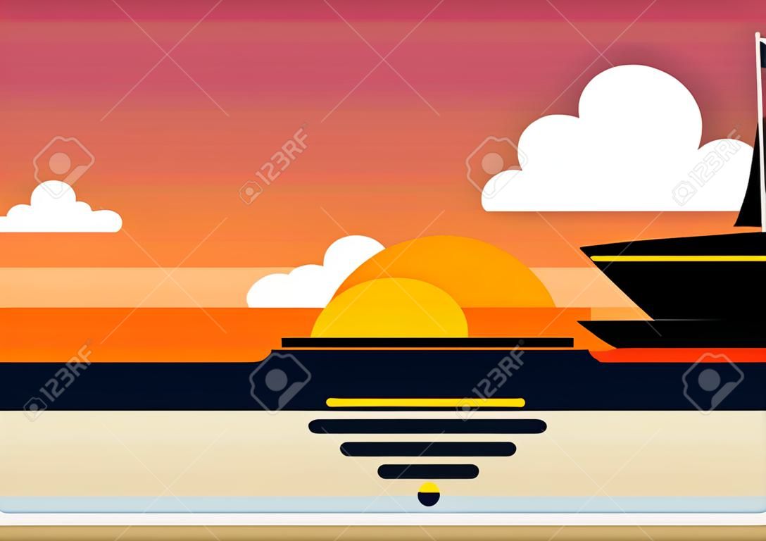 Sunset at the sea with clouds and boat vector illustration for web and mobile