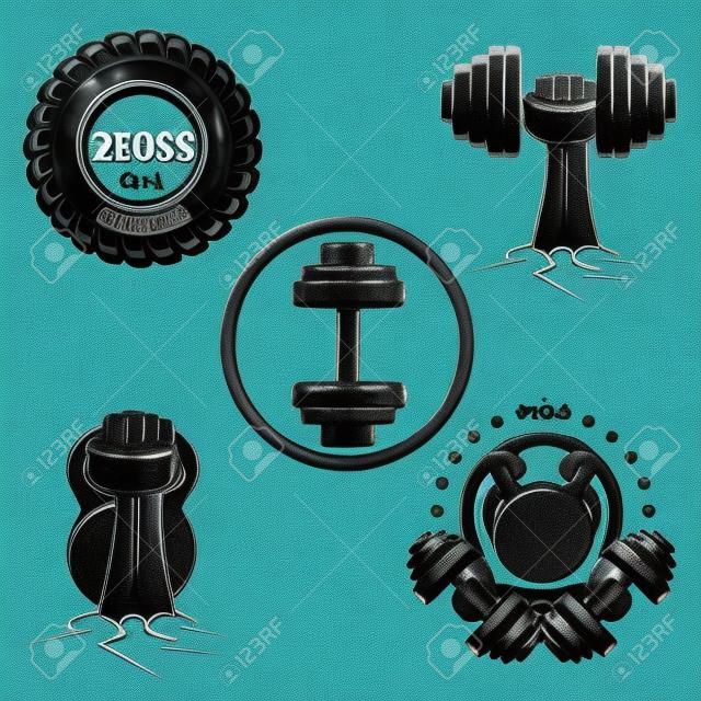 Conjunto de fitness silhueta vintage. Definir emblemas desportivos. Mãos com haltere e kettlebell, WHEEL para treinamento de força.
